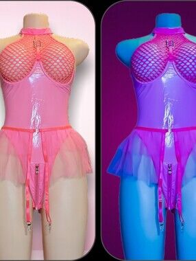 NIP Neon Pink UV Glow Lingerie Set Medium PU Leather Fishnet Festival Bodysuit